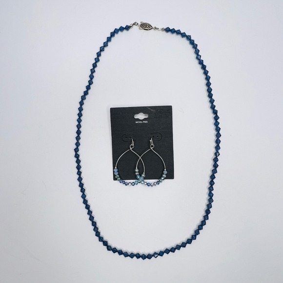 Vintage Faceted‎ Blue Glass Bead Necklace and Handmade Earring Set Boho Hippie - Picture 2 of 10